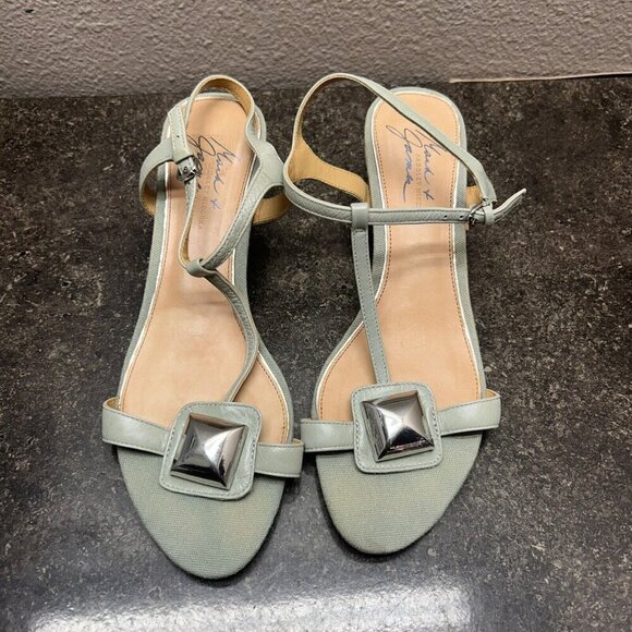 Badgley Mischka Wood Crystal Ankle T Strap Open Toe Heel Size 9 Strappy 90s Y2K - Picture 2 of 9